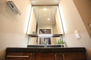 A bathroom with a mirror, sink, and a small potted plant. - Hotel Donmai (Fukuoka)