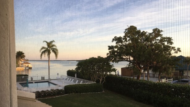 A view from a window overlooking a swimming pool, a grassy area, and a body of water with a distant building. - Eagle Cay Condo (Marco Island)