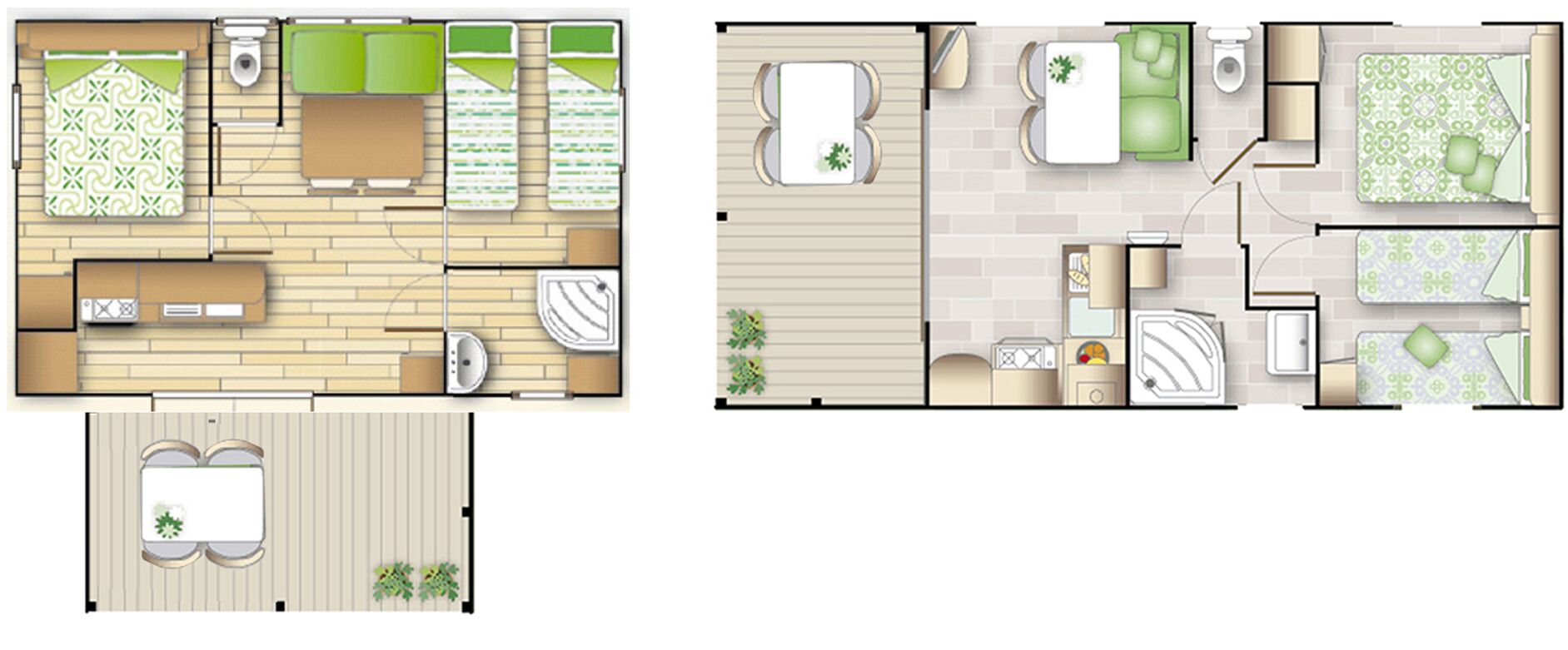 Distribución de una habitación de hotel con baño, kitchenette y un pequeño balcón.