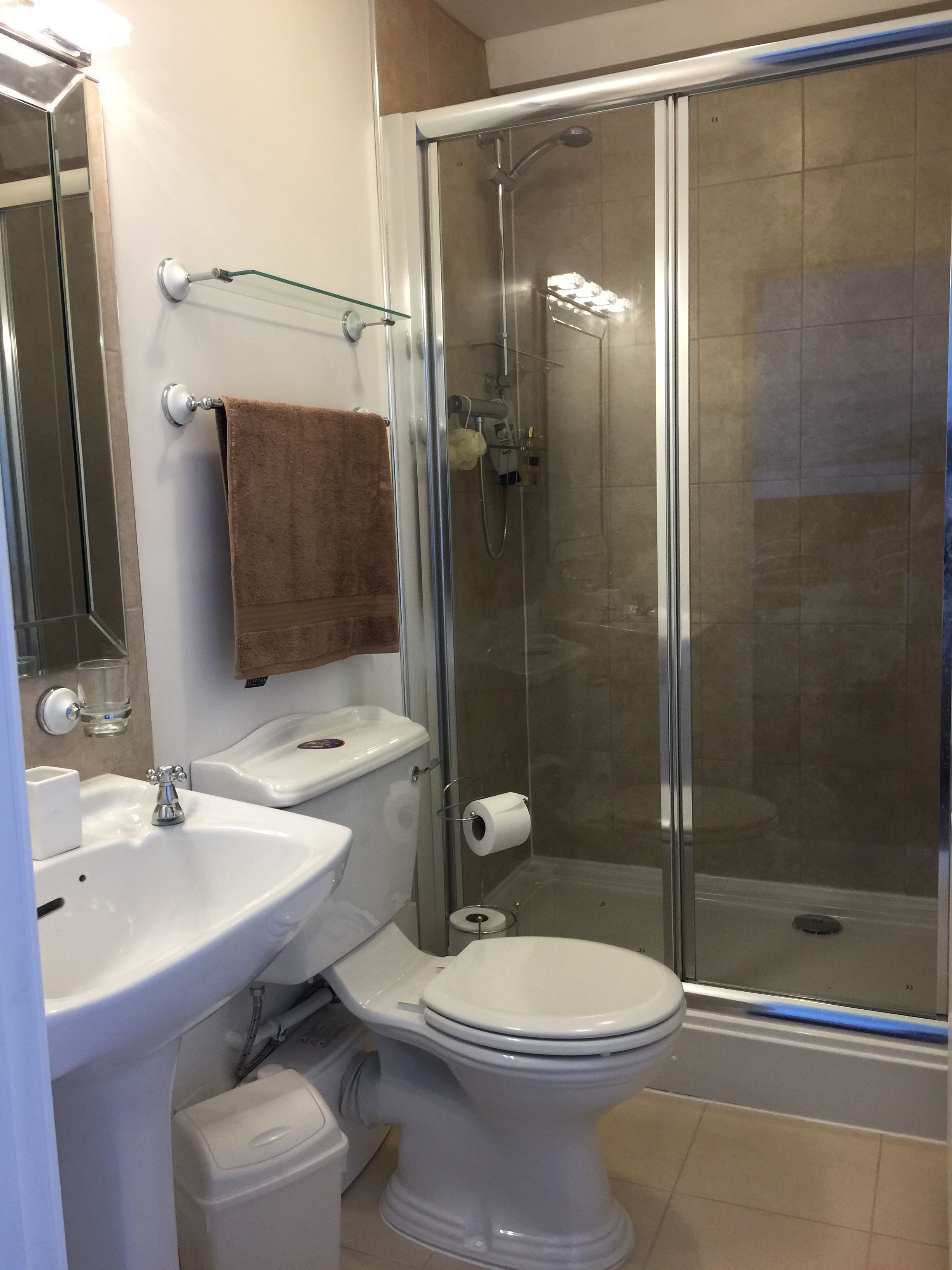 A bathroom with a glass-enclosed shower, a white sink, and a toilet.