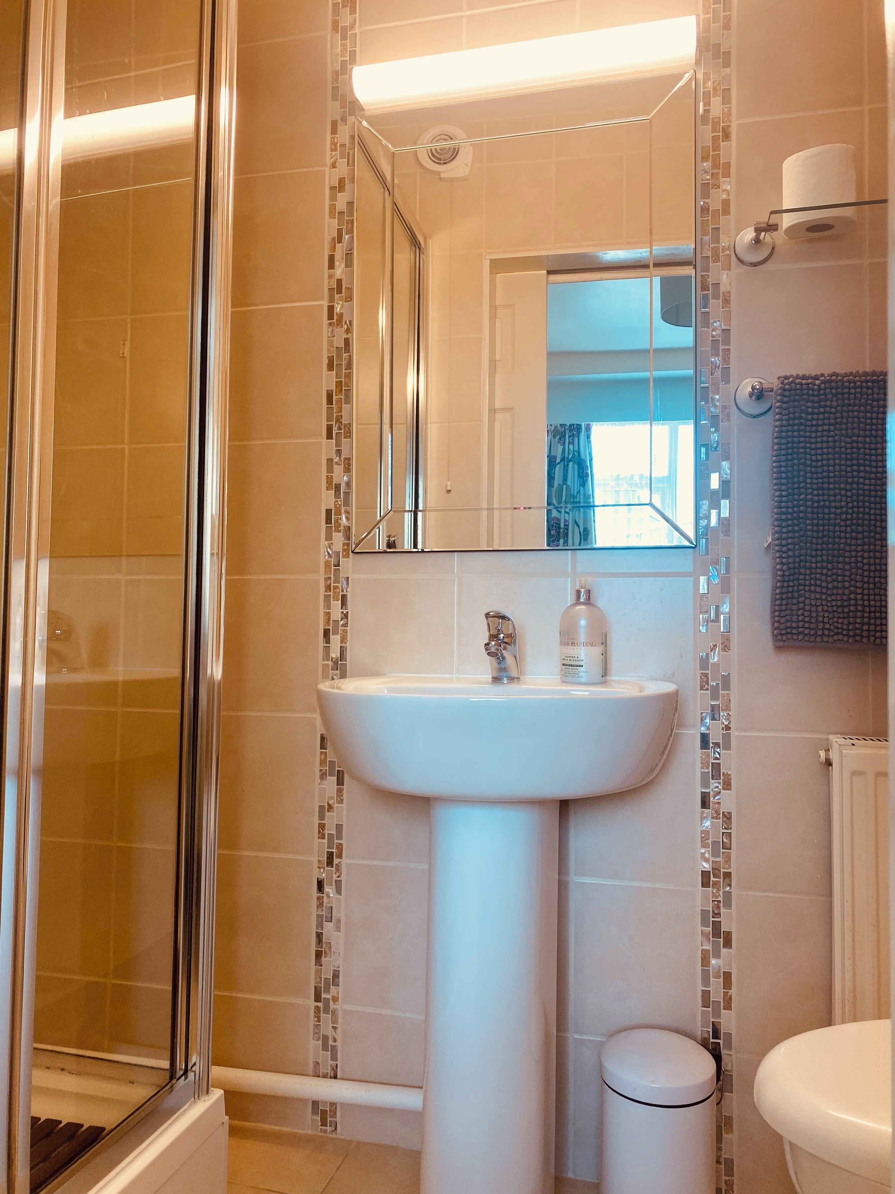A bathroom with a glass shower enclosure, a pedestal sink, and a toilet.