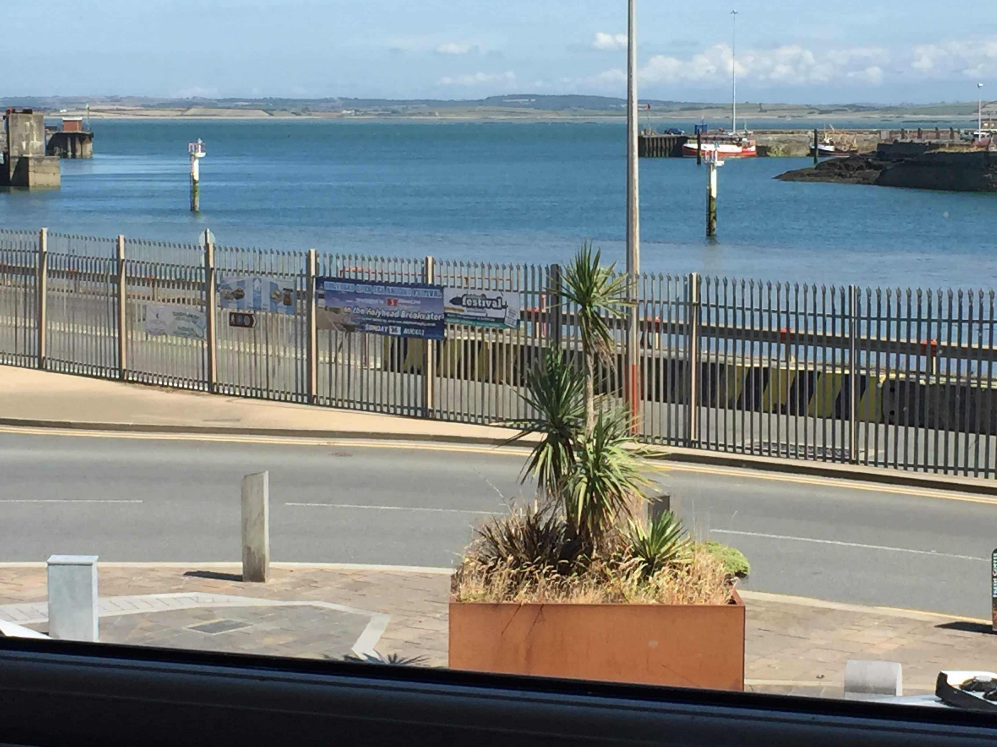 A coastal view with a metal fence, a road, and a signboard.