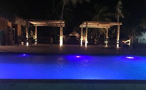 Outdoor pool, pool umbrellas, pool loungers
