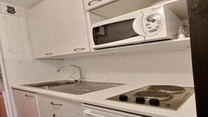 Une petite cuisine équipée avec un évier blanc, un four à micro-ondes et une plaque de cuisson.