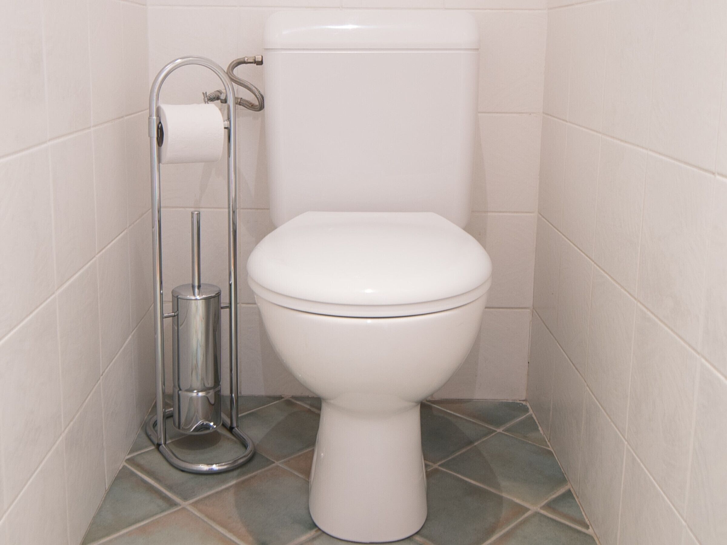 A white toilet with a flush handle and a toilet paper holder in a corner.