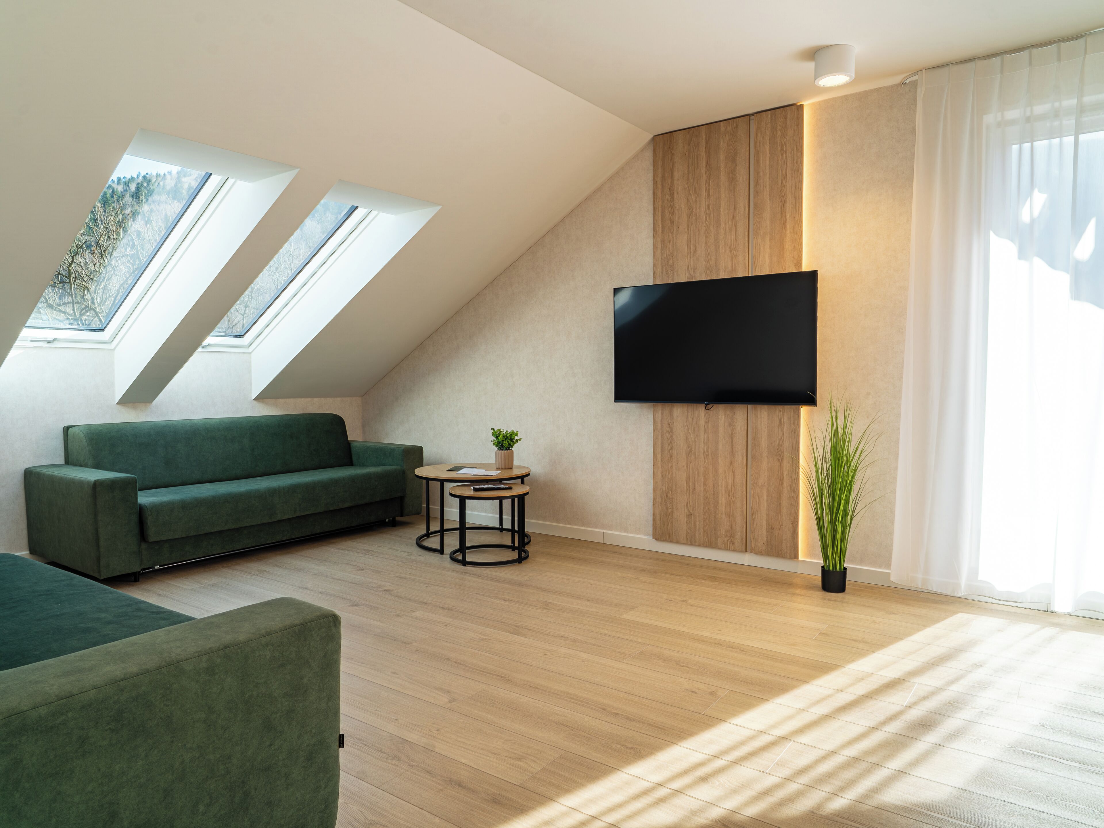 Una sala de estar moderna con un sofá verde, un televisor de pantalla plana montado en la pared, una mesita redonda y una planta en maceta.