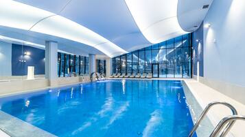 Indoor pool, open 9:00 AM to 9:00 PM, sun loungers, lifeguards on site