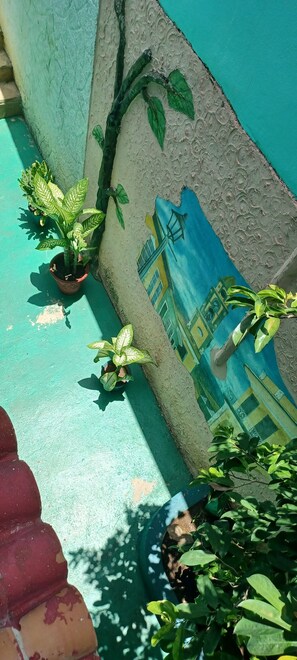 Relax in a secluded outdoor space surrounded by a vibrant mural and lush greenery.