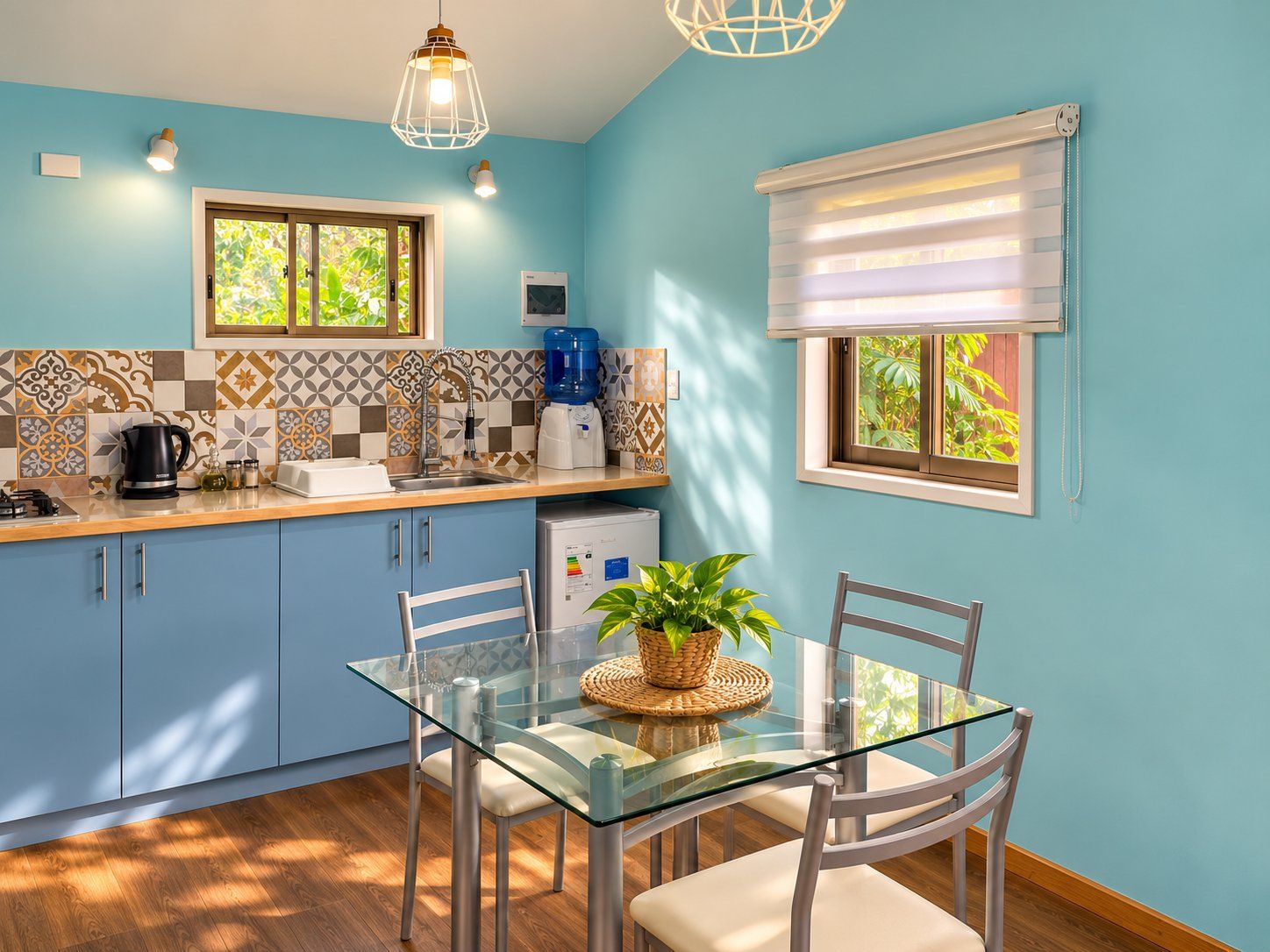 A modern kitchen with blue cabinets, a glass dining table, and a coffee maker.