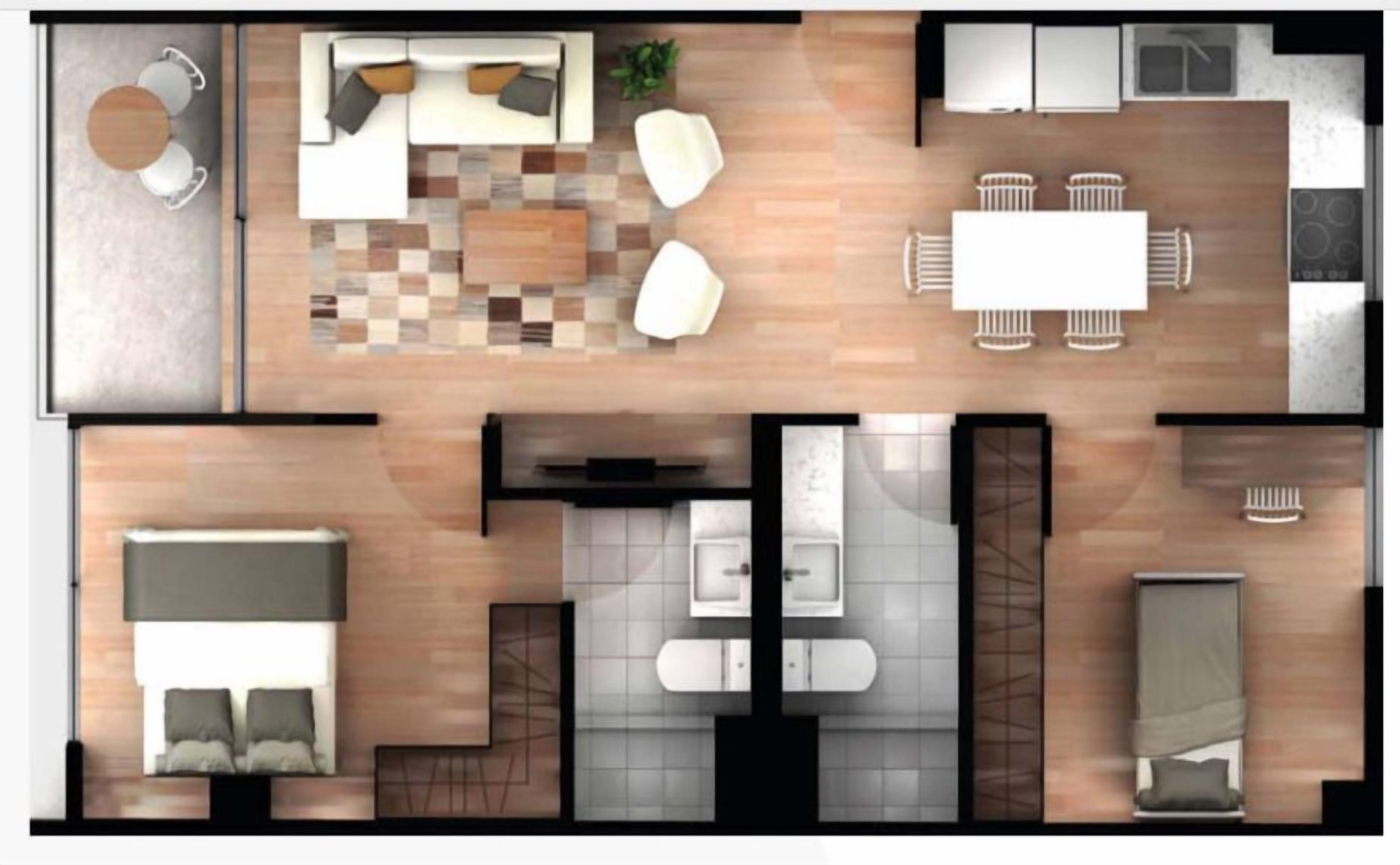 Ein modernes Apartment mit Wohnbereich, Essplatz, Küche und einem kleinen Schlafzimmer.