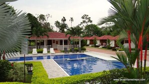 Outdoor pool, open 7 AM to 9 PM, pool umbrellas, pool loungers