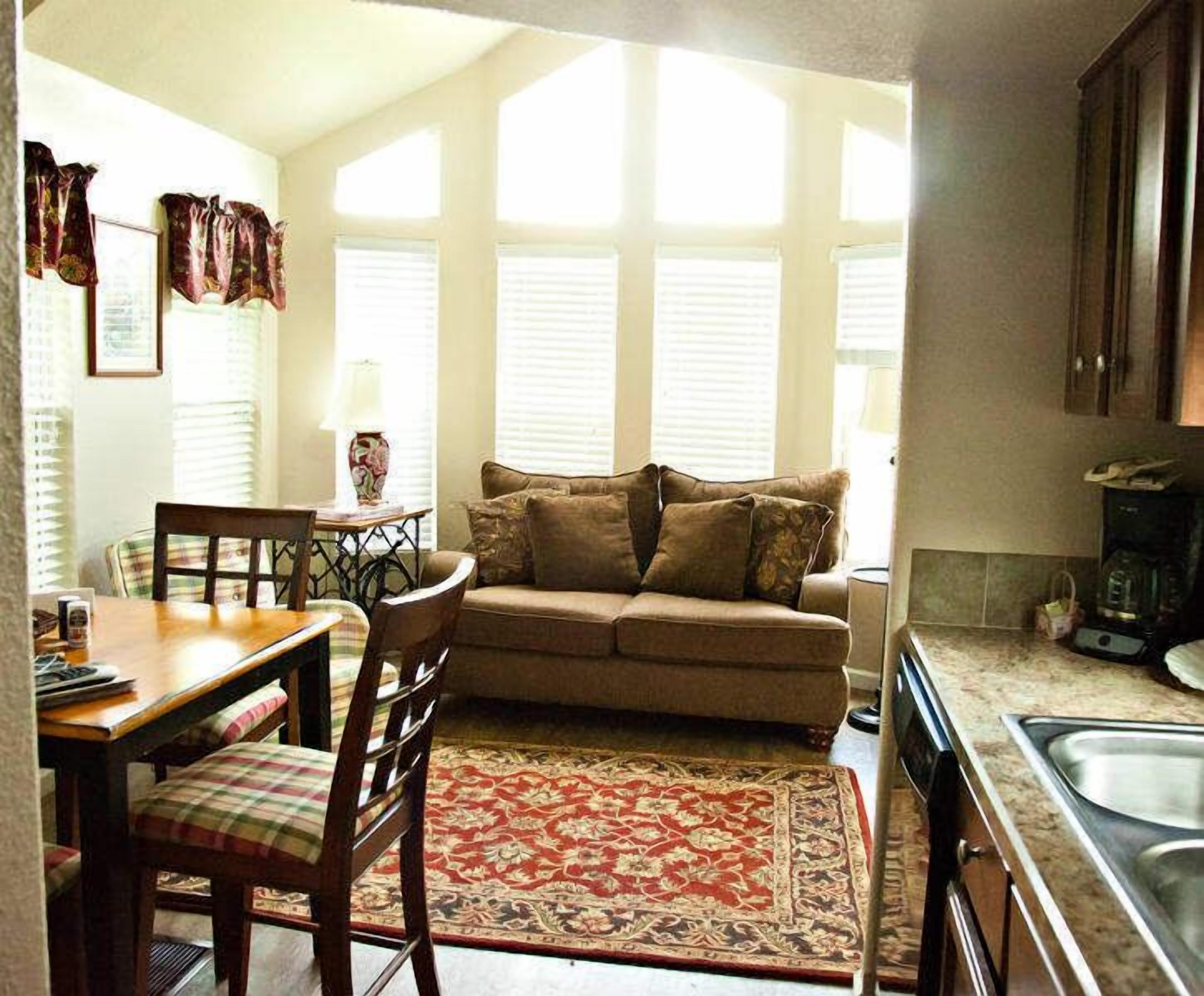 A cozy living room with a sofa, a dining table with chairs, and a kitchen area with a sink and stove.