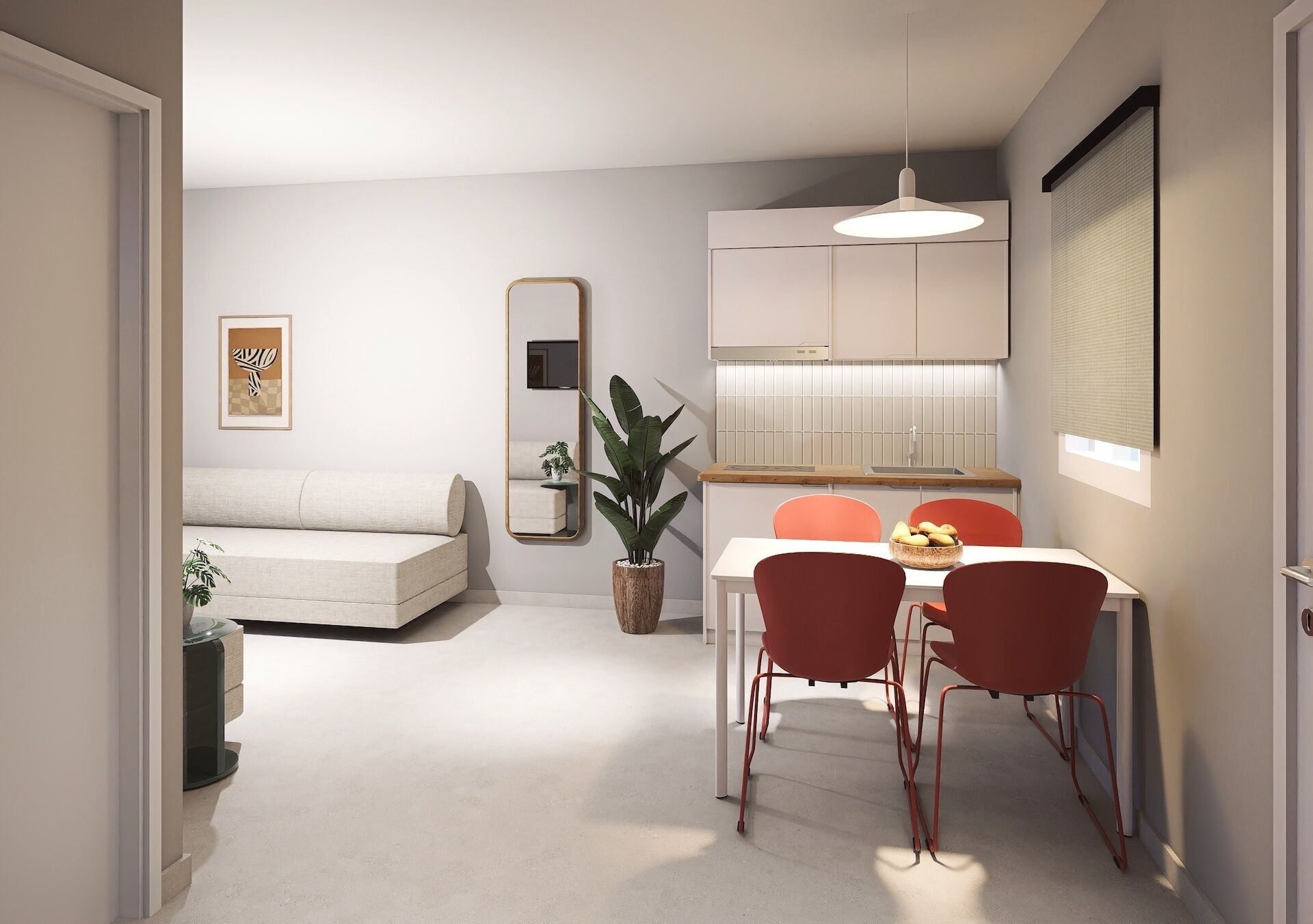 A modern dining area with a white table, red chairs, a potted plant, and a mirror on the wall.