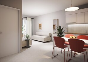 Superior One-Bedroom Apartment with Balcony | リビングルーム | スマートテレビ