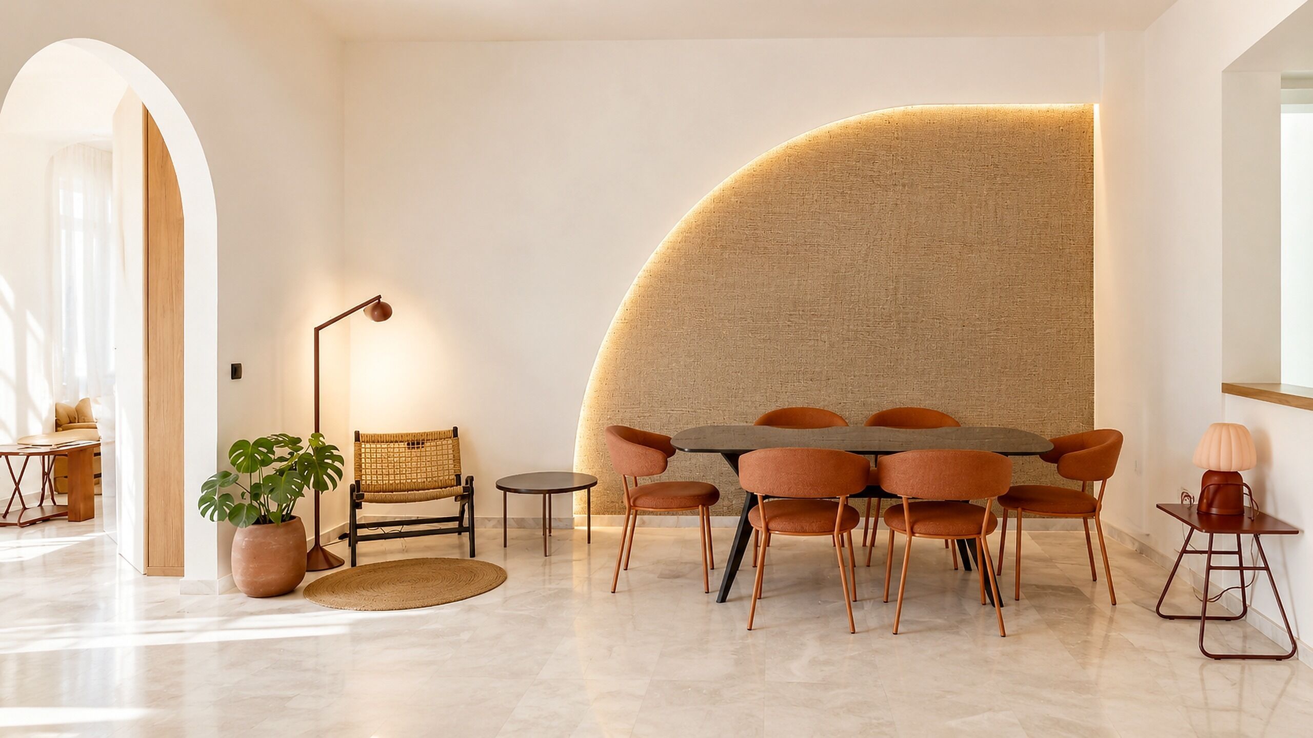 A modern dining area with a round table, multiple chairs, a floor lamp, a potted plant, and a textured wall feature.