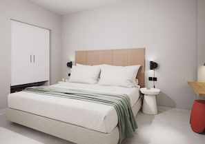 A modern bedroom with a bed, bedside tables, a wardrobe, and a nightstand. - Melitti Lucent (Rethymno)