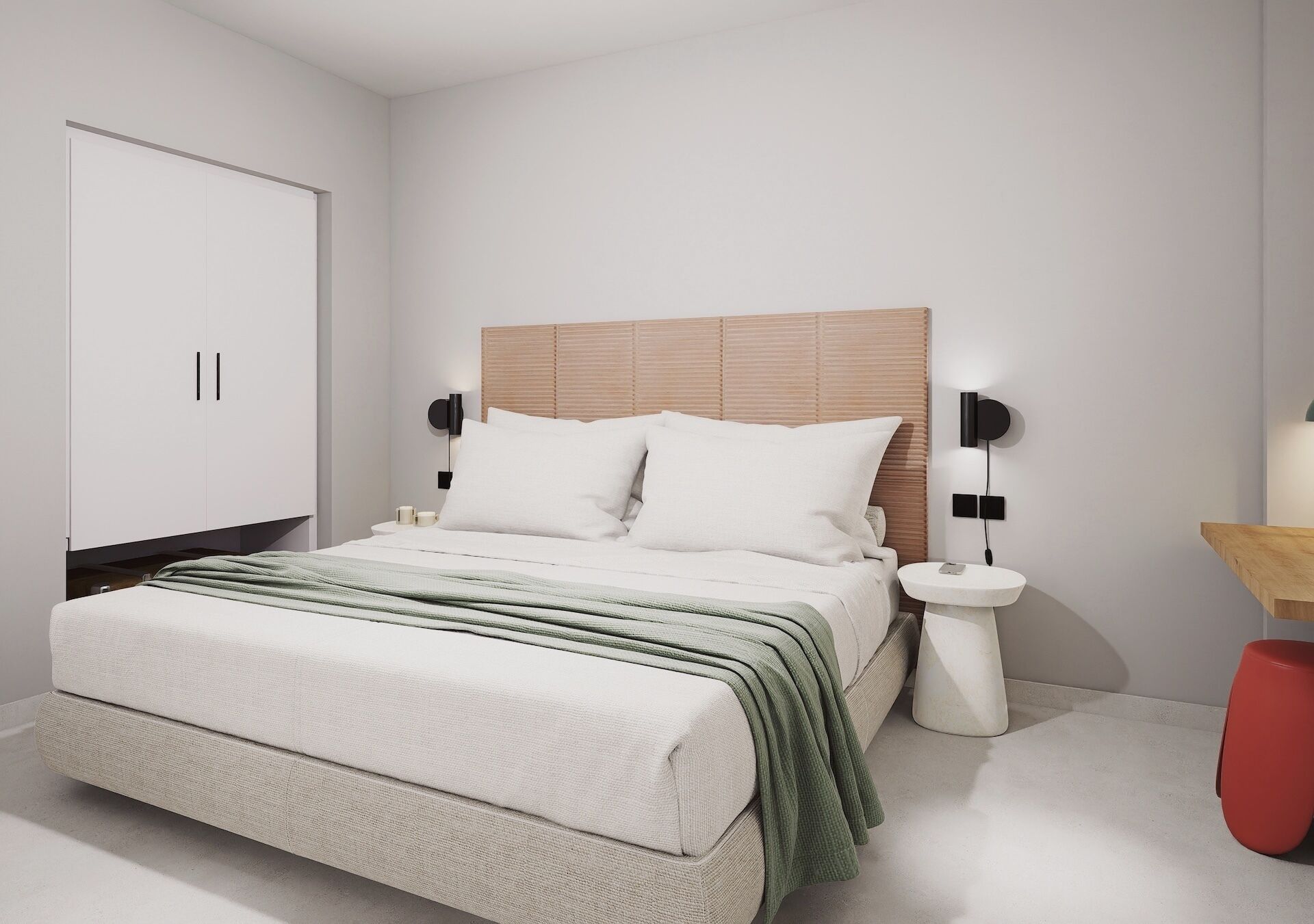 A modern bedroom with a bed, bedside tables, a wardrobe, and a nightstand.