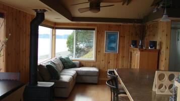 TV, fireplace, DVD player, books