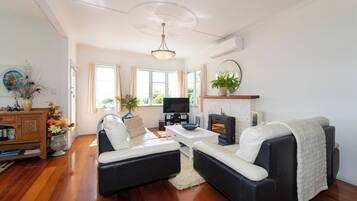 Smart TV, fireplace, DVD player, books