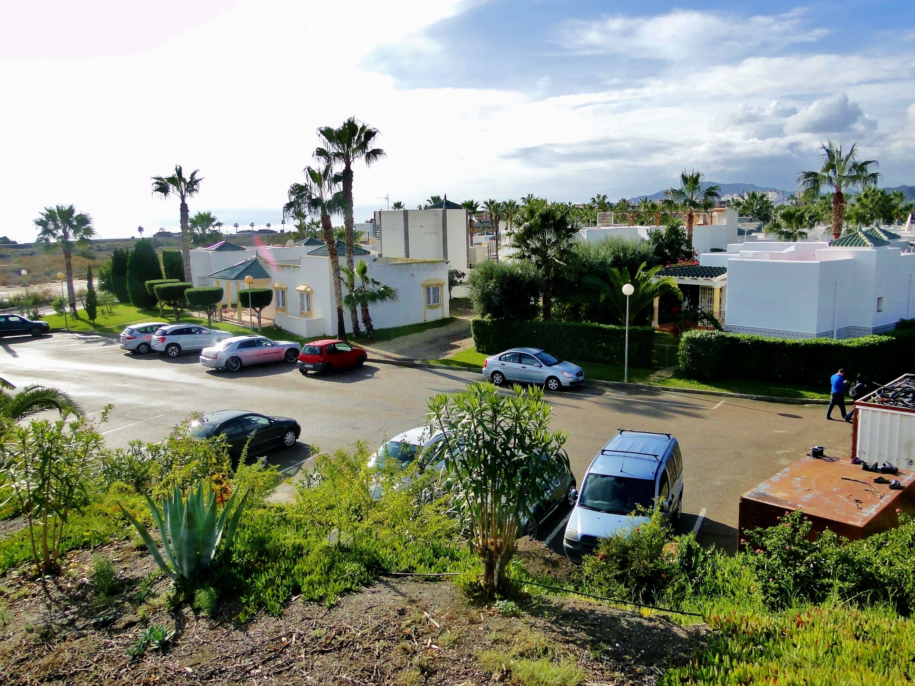 A parking lot with several cars, surrounded by palm trees and residential buildings.