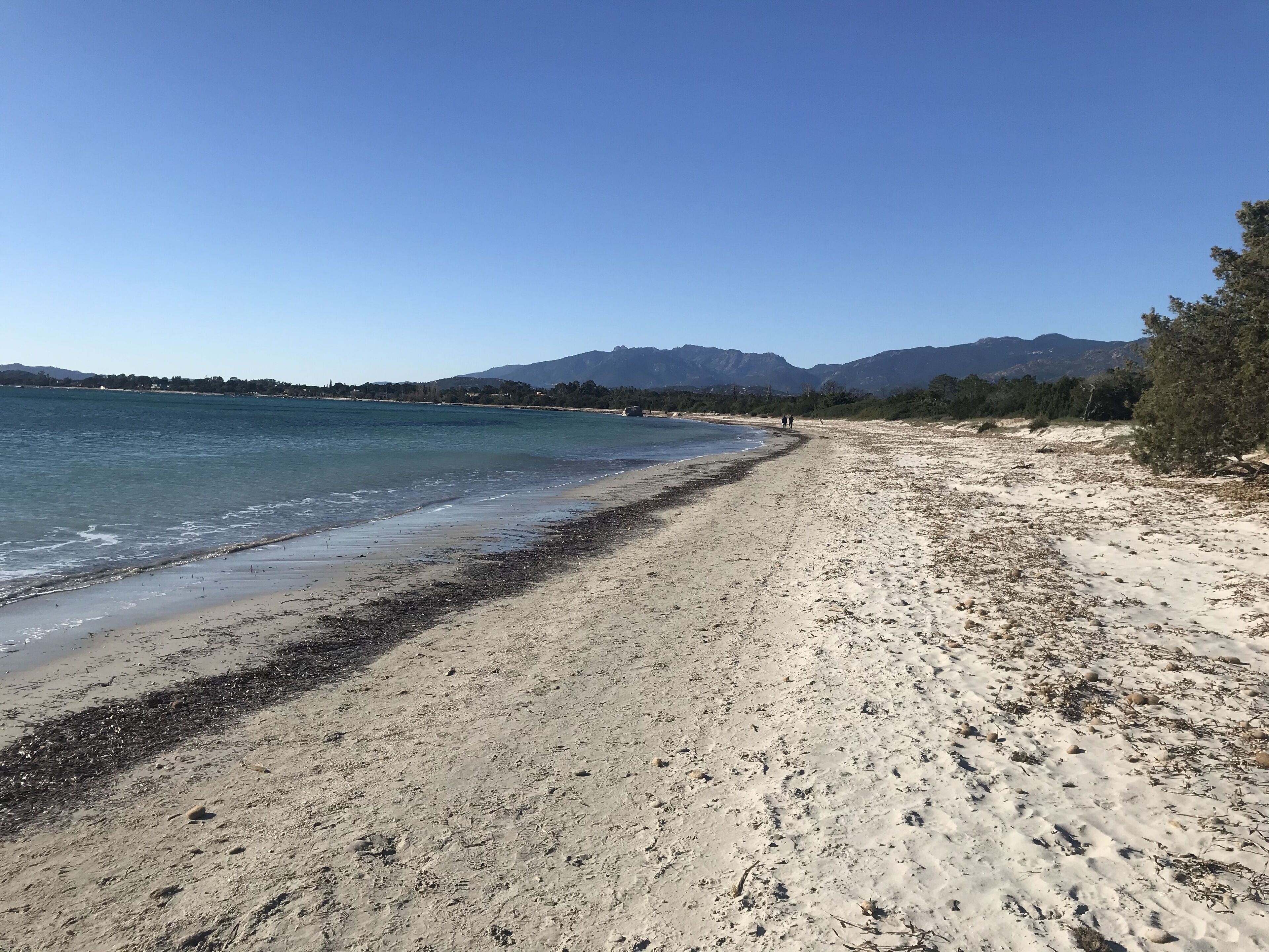 A beach with clear blue water, sandy shore, and distant mountains.