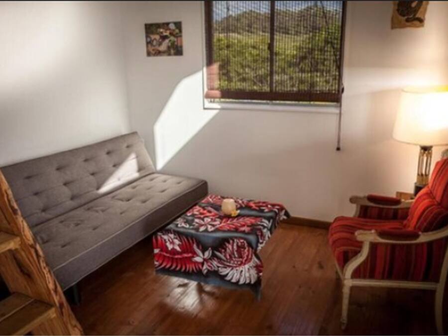 A room with a grey sofa, a red chair, a small table with a lamp, and a window with a view of greenery.