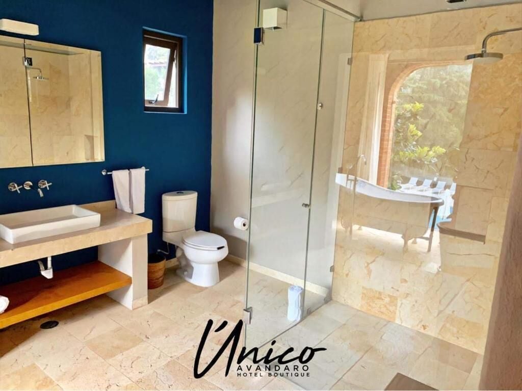 deluxe studio suite, 1 king bed | bathroom | shower, free toiletries, hair dryer, towels