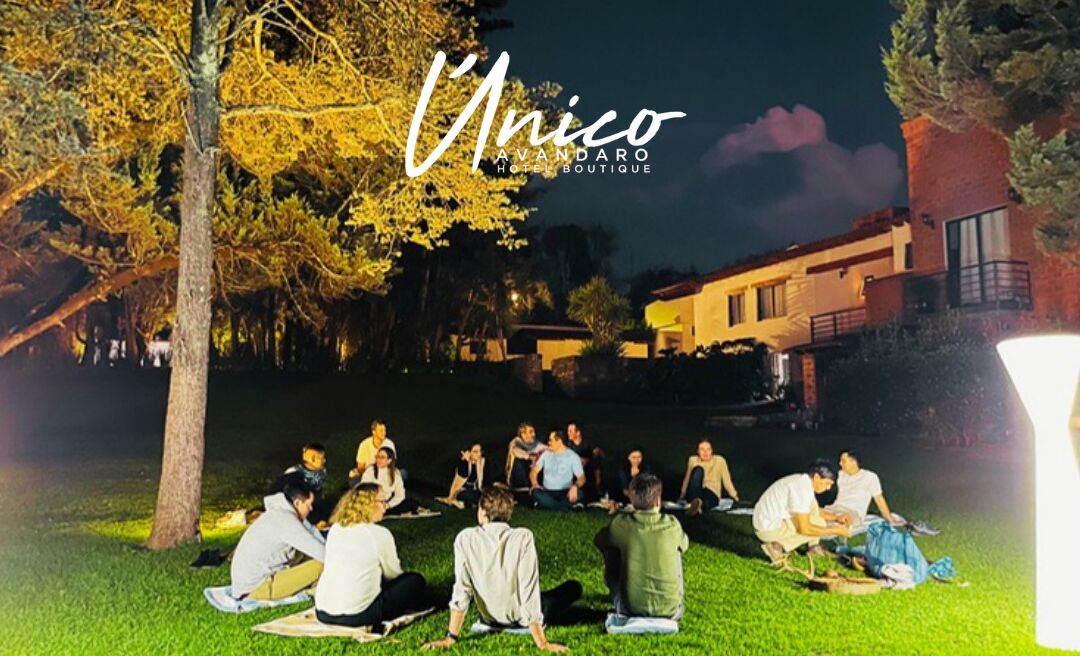Un groupe de personnes assises sur l’herbe dans un parc, la nuit, avec un bâtiment en arrière-plan.