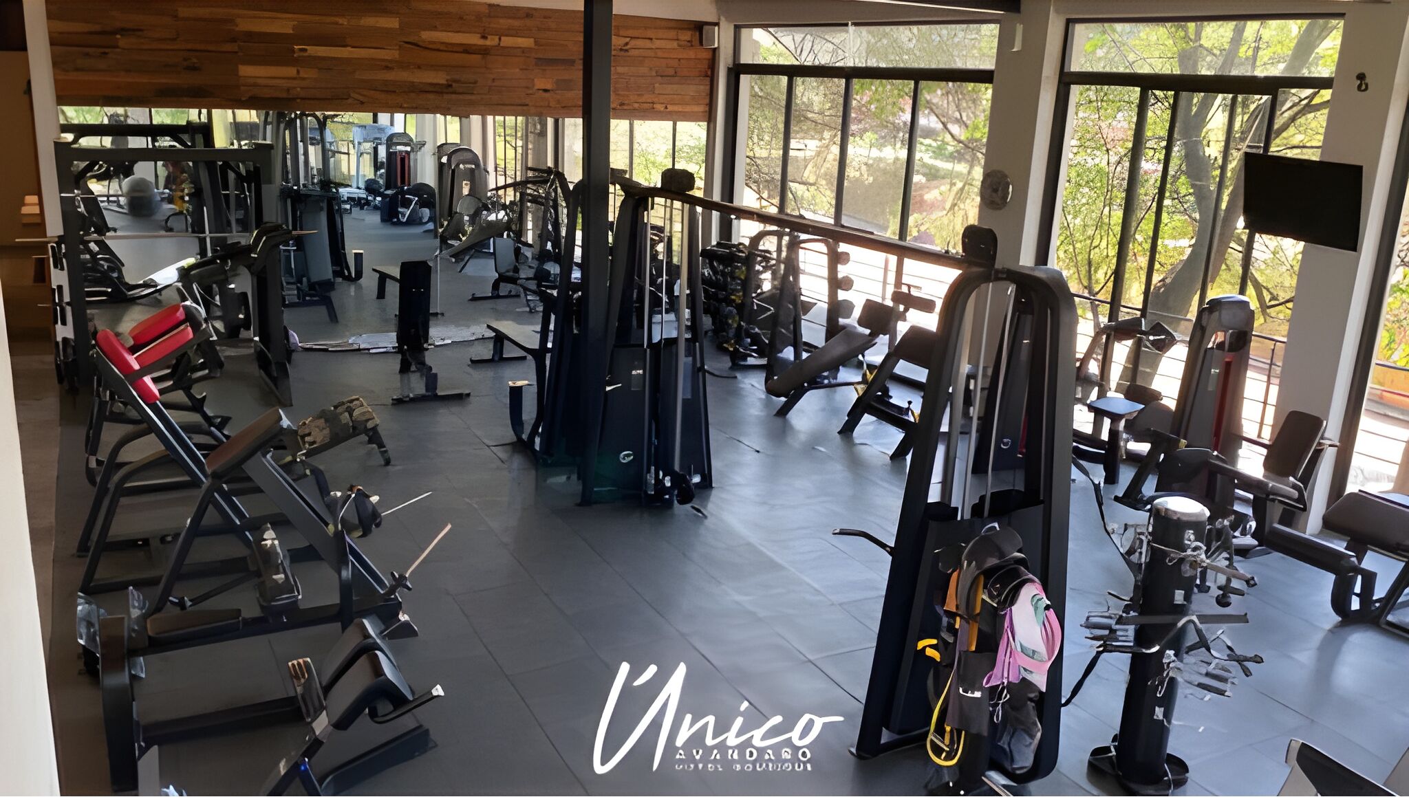 Ein Fitnessraum mit unterschiedlichen Trainingsgeräten, großen Fenstern und einer Holzbalkendecke.