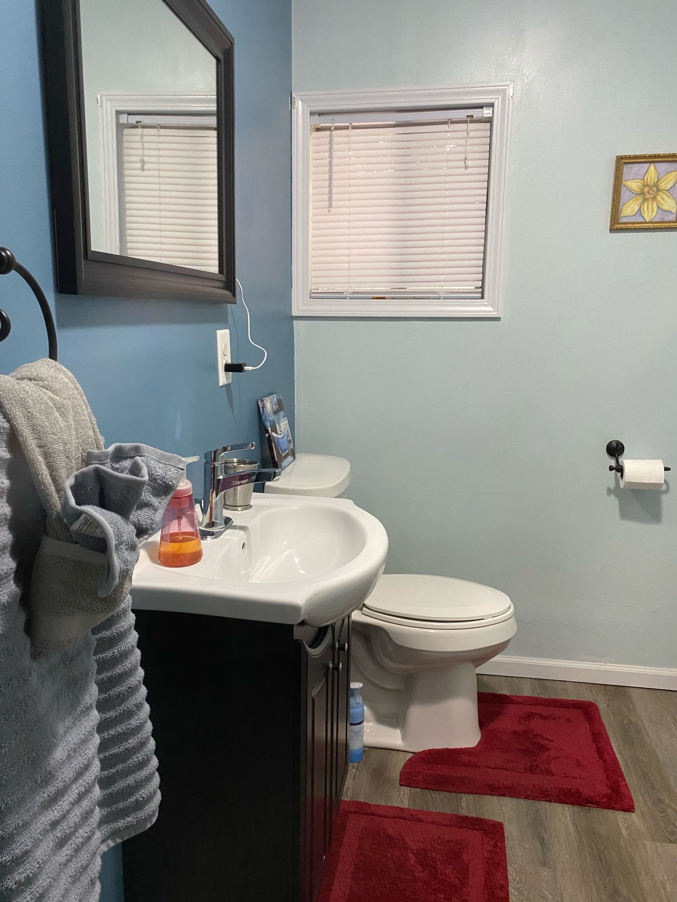 Ein Badezimmer mit Waschbecken, Toilette und zwei Fenstern mit Jalousien.