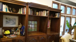 Una habitación con una amplia estantería de madera repleta de libros, un cuadro enmarcado y una ventana con persianas.