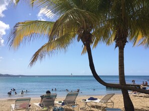 Platja amb palmeres, aigua blava cristal·lina i gent nedant i relaxant-se.