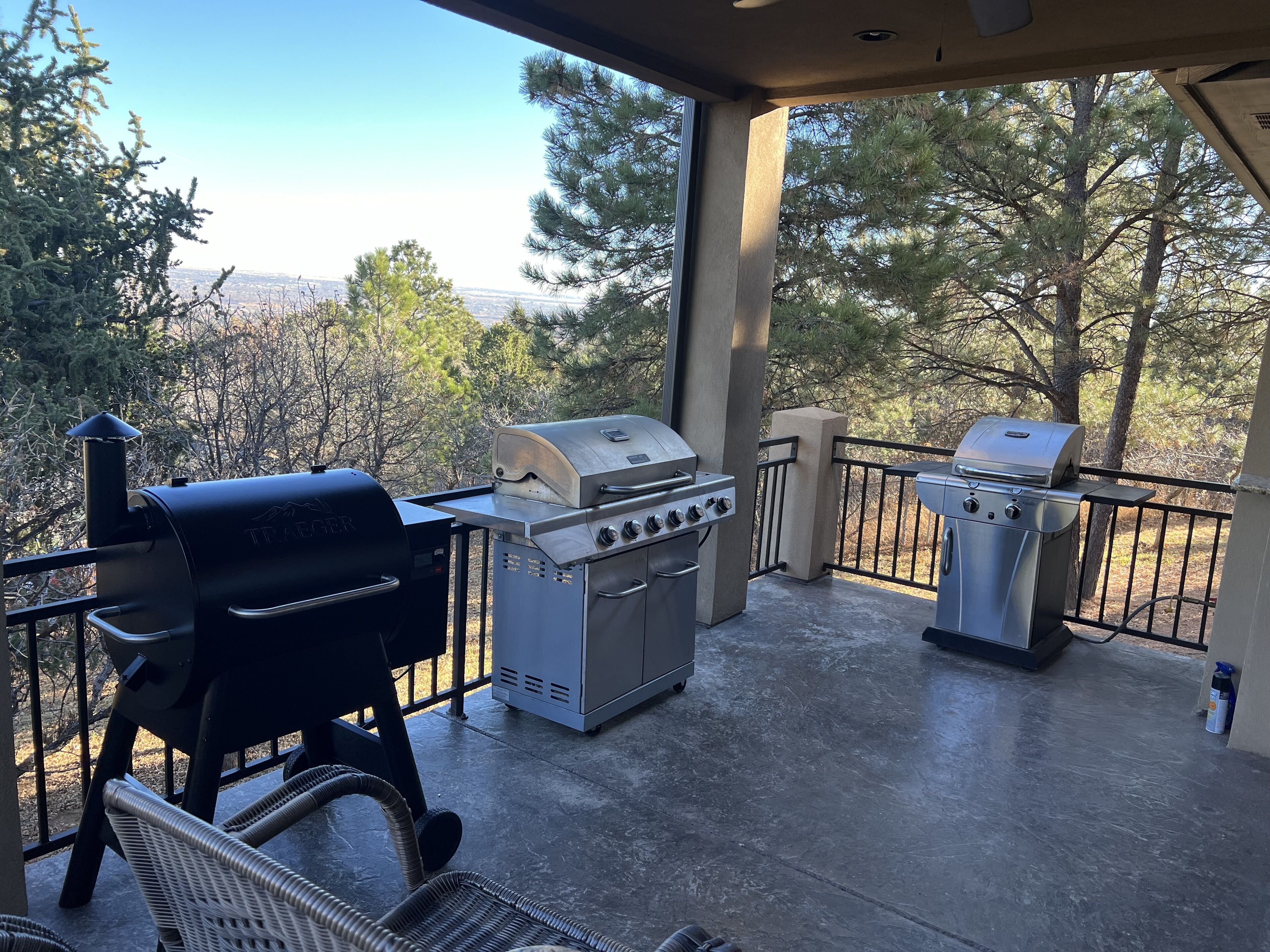Two Gas Grills with a Traeger Smoker on the main patio.