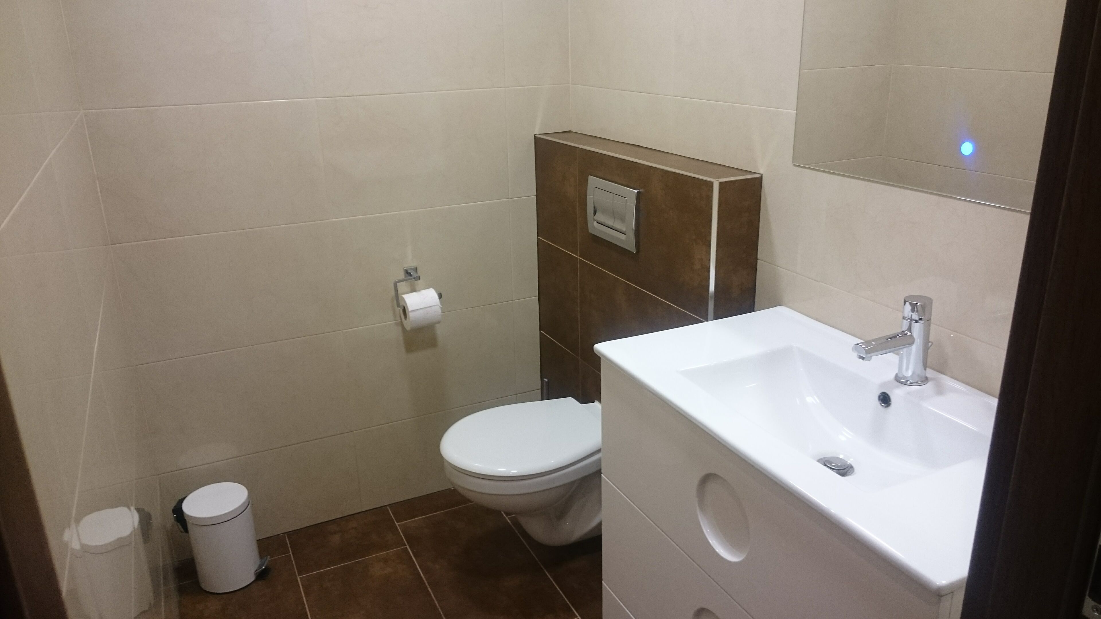 A small, modern bathroom with a toilet, sink, and trash can.