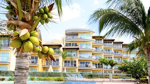 Een hotel met een zwembad, palmbomen en een helderblauwe lucht.