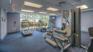 A gym with treadmills, elliptical machines, and weight equipment. - New! 1-King Bedroom, 2 baths with Breathtaking view at Blue Heron Beach Resort (Orlando)