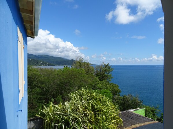 A view of a coastal landscape with a body of water, greenery, and distant mountains. - Villa with exceptional sea view, infinity pool and jacuzzi, direct sea access (POINTE NOIRE)