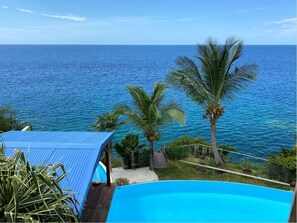 A clear blue pool with a view of the ocean and palm trees. - Villa with exceptional sea view, infinity pool and jacuzzi, direct sea access (POINTE NOIRE)