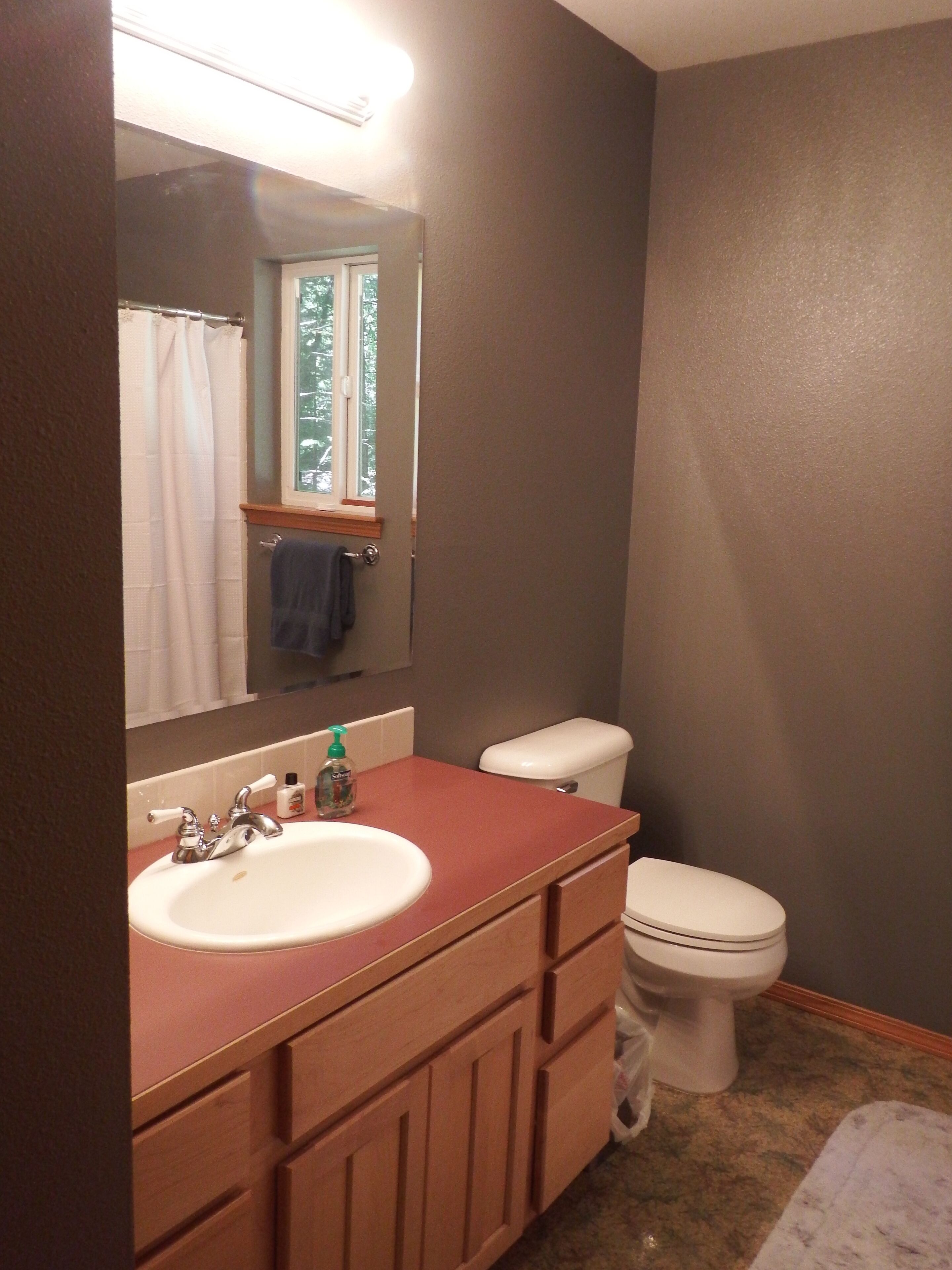 A bathroom with a sink, mirror, and toilet.
