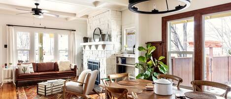 TV, fireplace, books