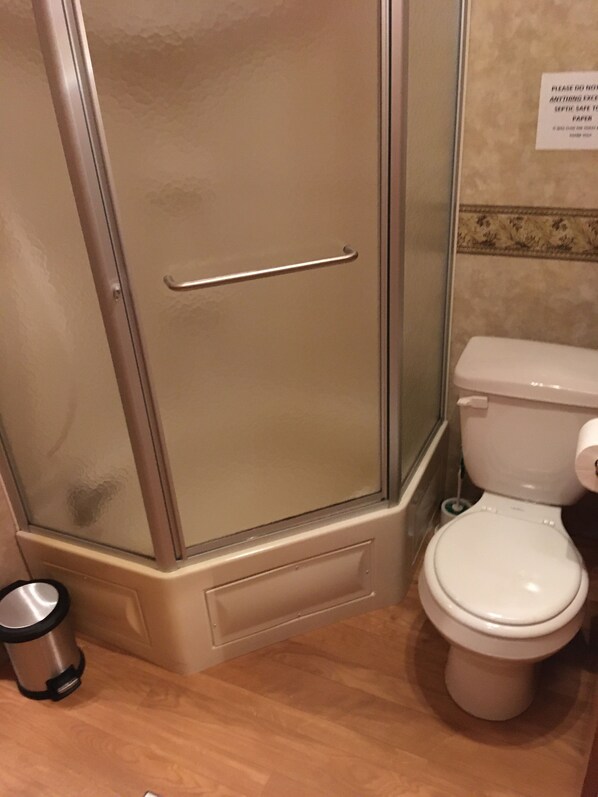 Een badkamer met een douche met glazen wand, toilet en prullenbak.