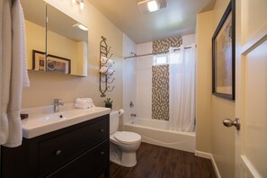 Combined shower/bathtub, hair dryer, towels, toilet paper