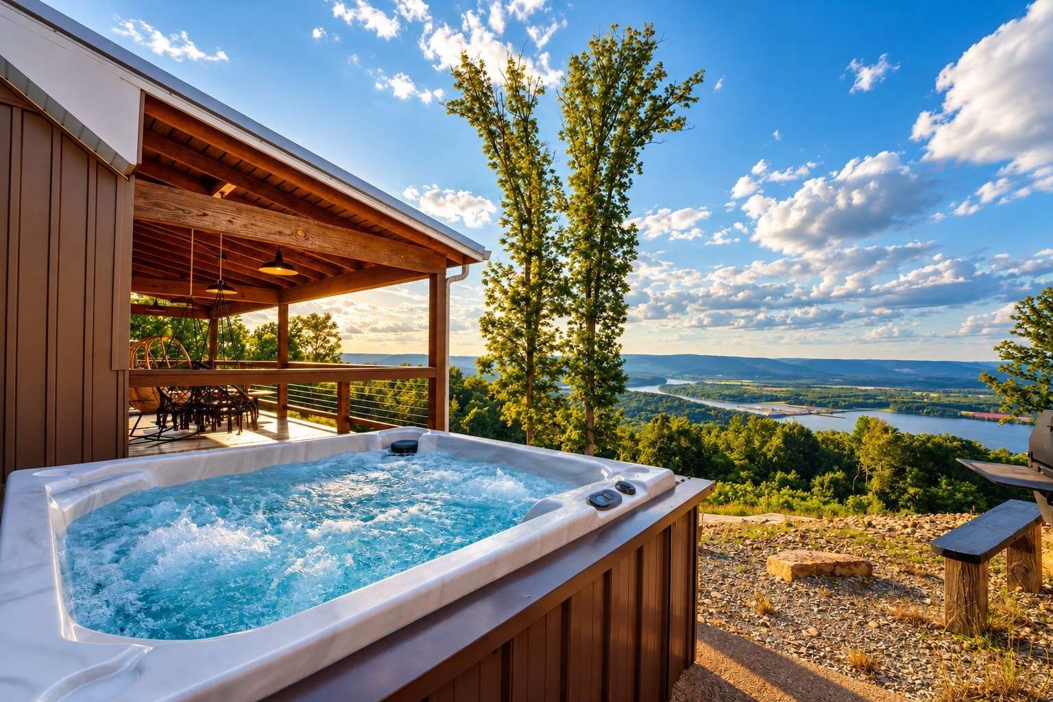 A hot tub with a wooden deck and a view of a river and mountains.