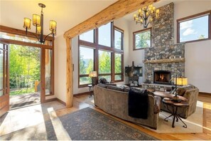 Smart TV, fireplace, books, music library