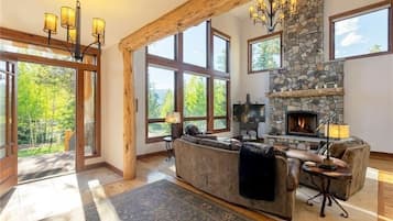 Smart TV, fireplace, books, music library