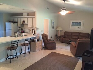 TV, DVD player, books, video library