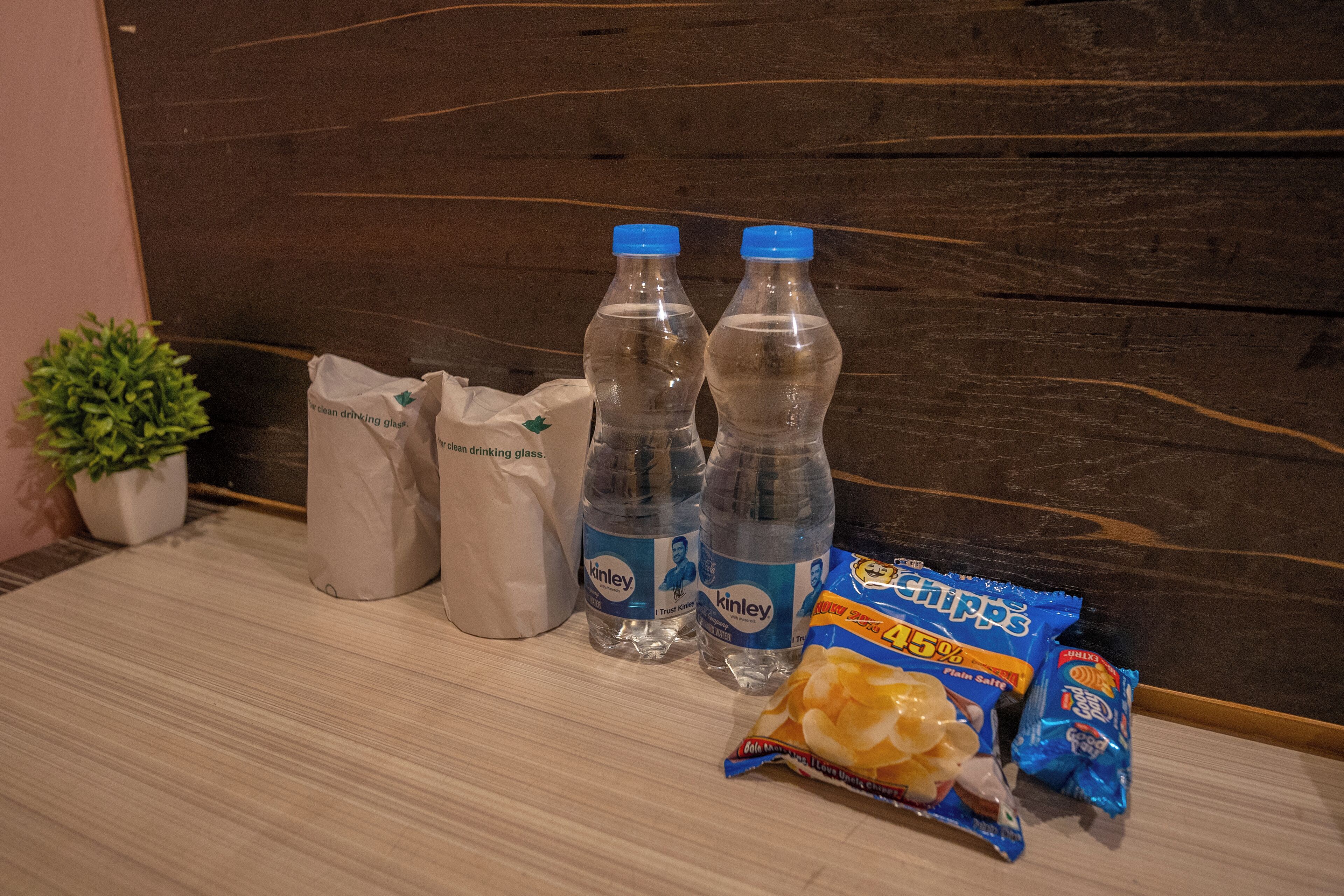 A table with two bottles of Kinley water, a bag of chips, a bag of snacks, and a potted plant.