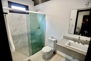 Shower, towels, toilet paper