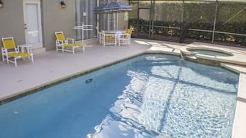 Seasonal outdoor pool, pool umbrellas, pool loungers