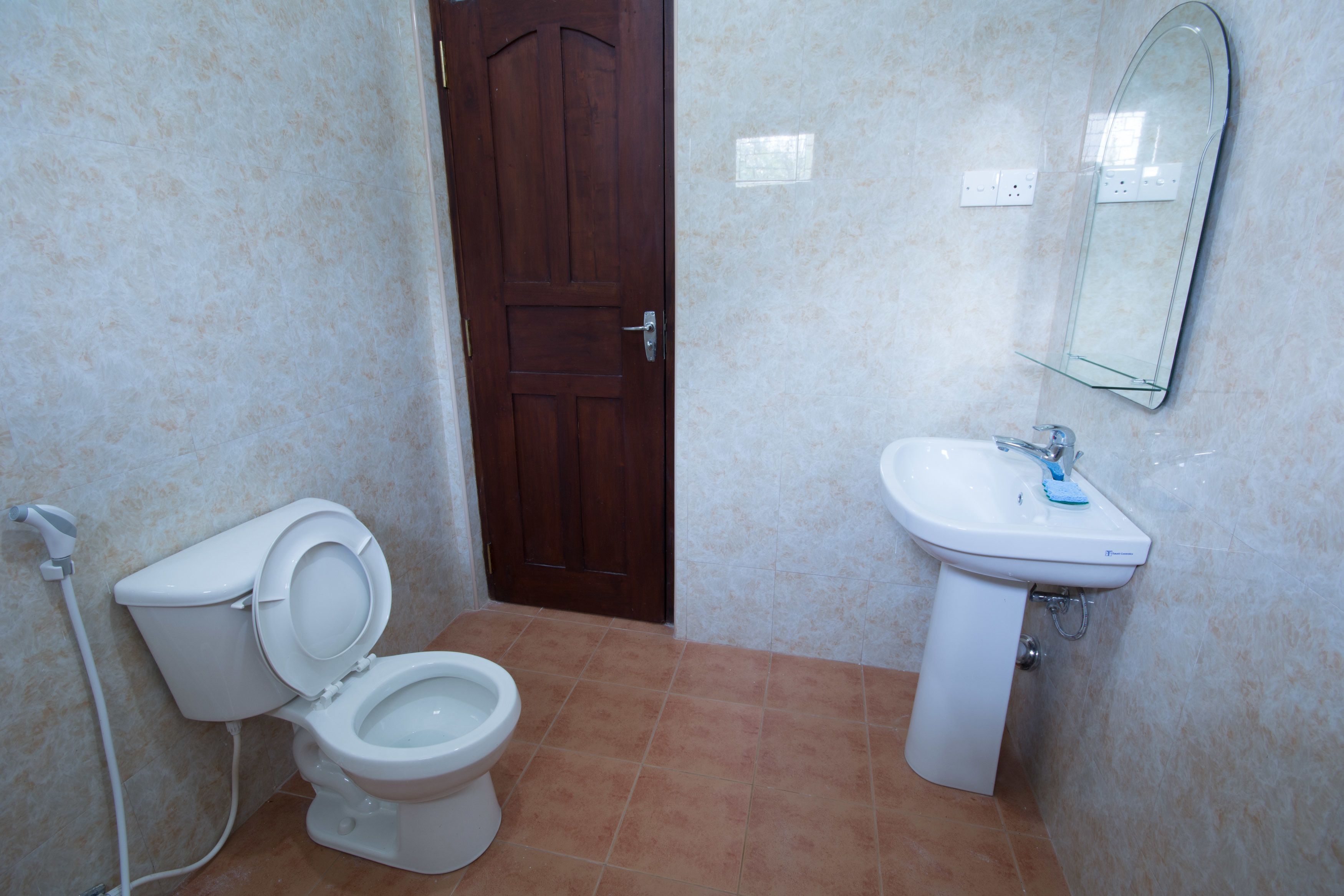 A bathroom with a toilet, sink, and a wooden door.